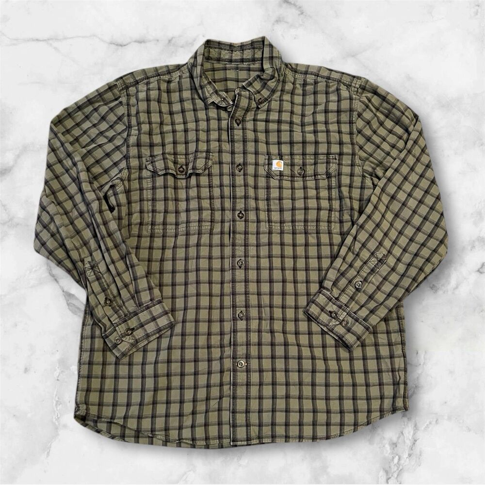 Carhartt Long Sleeve Olive Green / Black Plaid‎ Long Sleeve Shirt Mens Size L